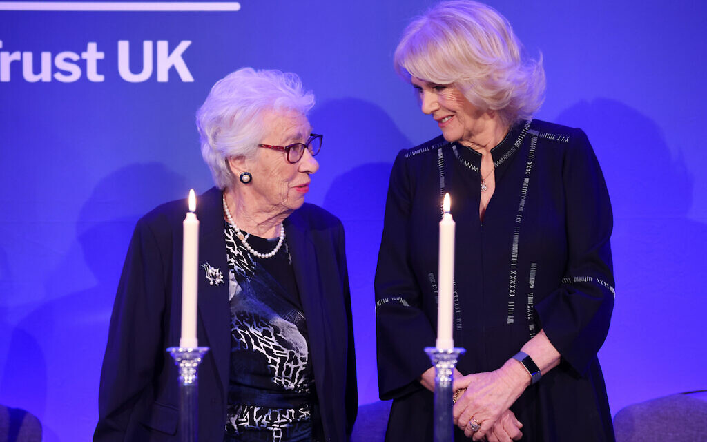 Eva Schloss MBE, step-sister of Anne Frank and Honorary President of the Anne Frank Trust UK, and the Duchess of Cornwall take part in a candle lighting ceremony during a reception for the Anne Frank Trust at the InterContinental London, Park Lane, London. Picture date: Thursday January 20, 2022.