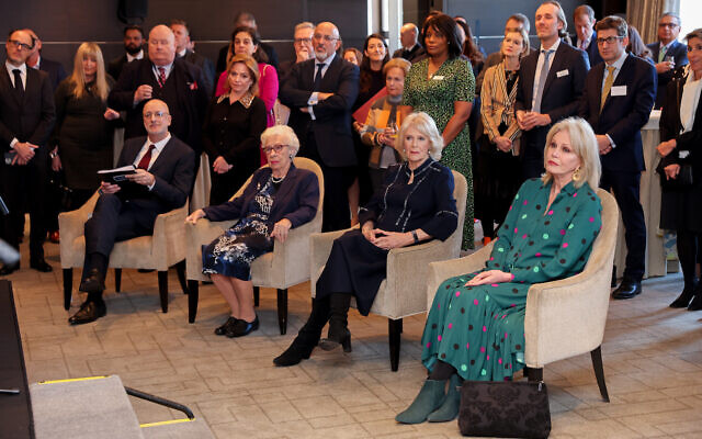 Tim Robertson, Chief Executive of the Anne Frank Trust, Eva Schloss MBE, step-sister of Anne Frank and Honorary President of the Anne Frank Trust UK, the Duchess of Cornwall and Dame Joanna Lumley watch a performance by young ambassadors of the charity during a reception for the Anne Frank Trust at the InterContinental London, Park Lane, London. Picture date: Thursday January 20, 2022.