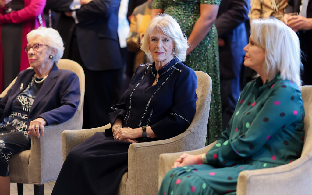 Eva Schloss MBE, step-sister of Anne Frank and Honorary President of the Anne Frank Trust UK, the Duchess of Cornwall and Dame Joanna Lumley watch a performance by young ambassadors of the charity during a reception for the Anne Frank Trust at the InterContinental London, Park Lane, London. Picture date: Thursday January 20, 2022.