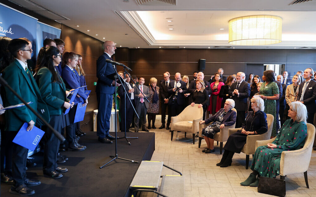 Eva Schloss MBE, step-sister of Anne Frank and Honorary President of the Anne Frank Trust UK, the Duchess of Cornwall and Dame Joanna Lumley watch a performance by young ambassadors of the charity during a reception for the Anne Frank Trust at the InterContinental London, Park Lane, London. Picture date: Thursday January 20, 2022.