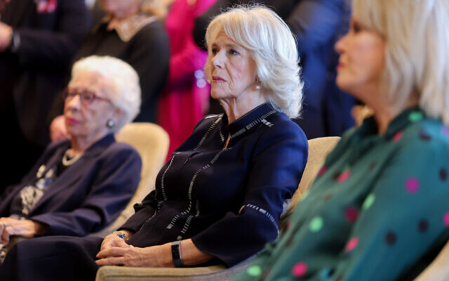 Eva Schloss MBE, step-sister of Anne Frank and Honorary President of the Anne Frank Trust UK, the Duchess of Cornwall and Dame Joanna Lumley watch a performance by young ambassadors of the charity during a reception for the Anne Frank Trust at the InterContinental London, Park Lane, London. Picture date: Thursday January 20, 2022.