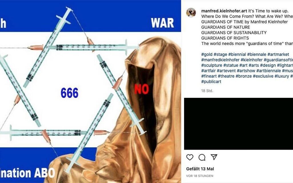A screen image of a post by artist Manfred Kielnhofer from Austria depicting an Israeli flag with a star of David made up of syringes and one of his statues. (Facebook)