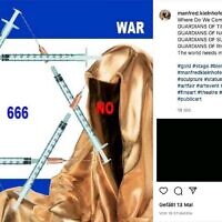A screen image of a post by artist Manfred Kielnhofer from Austria depicting an Israeli flag with a star of David made up of syringes and one of his statues. (Facebook)