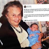 Lily Ebert holding Dov in 1993, with Dov's tweet announcing her 35th great-grandchild