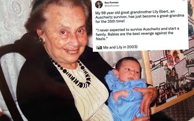 Lily Ebert holding Dov in 1993, with Dov's tweet announcing her 35th great-grandchild