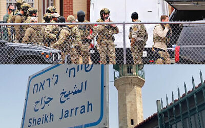Top: Security services outside the Beth Israel Congregation in Texas during the siege. Bottom: The neighbourhood of Sheikh Jarrah in East Jerusalem (Photo: Reuters) via Jewish News.