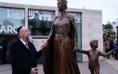 Chief Rabbi Ephraim Mirvis next to the statue of Licoricia of Winchester at The Arc in Winchester which was meant to be unveiled by the Prince of Wales but who tested positive for Covid-19 and is now self-isolating. The plaque was unveiled by The Lord Lieutenant of Hampshire, Nigel Atkinson. Picture date: Thursday February 10, 2022.