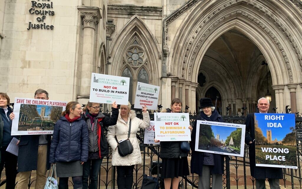 Protesters outside the Royal Courts of Justice in central London ahead of a hearing regarding the UK Holocaust Memorial. The London Historic Parks and Gardens Trust is opposed to a new UK Holocaust Memorial and Learning Centre being built in Victoria Tower Gardens, a small triangular Grade II-listed park next to Westminster Abbey and the Palace of Westminster. Issue date: Tuesday February 22, 2022.