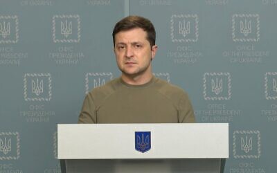Ukrainian President Volodymyr Zelensky during his address to the nation at the end of the first day of Russia's attacks on Thursday. (Credit Image: © Ukrainian President's Office/ZUMA Press Wire Service)