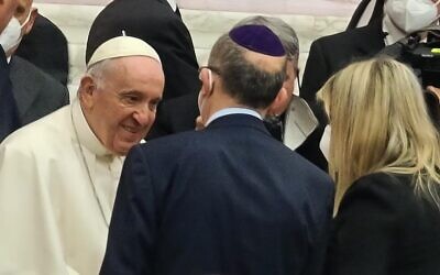 Board president Marie van der Zyl (right), and chief executive Michael Wegier, speaking to the Pope