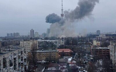 Smoke seen rising from the Kyiv district that contains the TV tower and the Babyn Yar memorial after a Russian attack on 1 March, 2022. (Photo: Twitter)