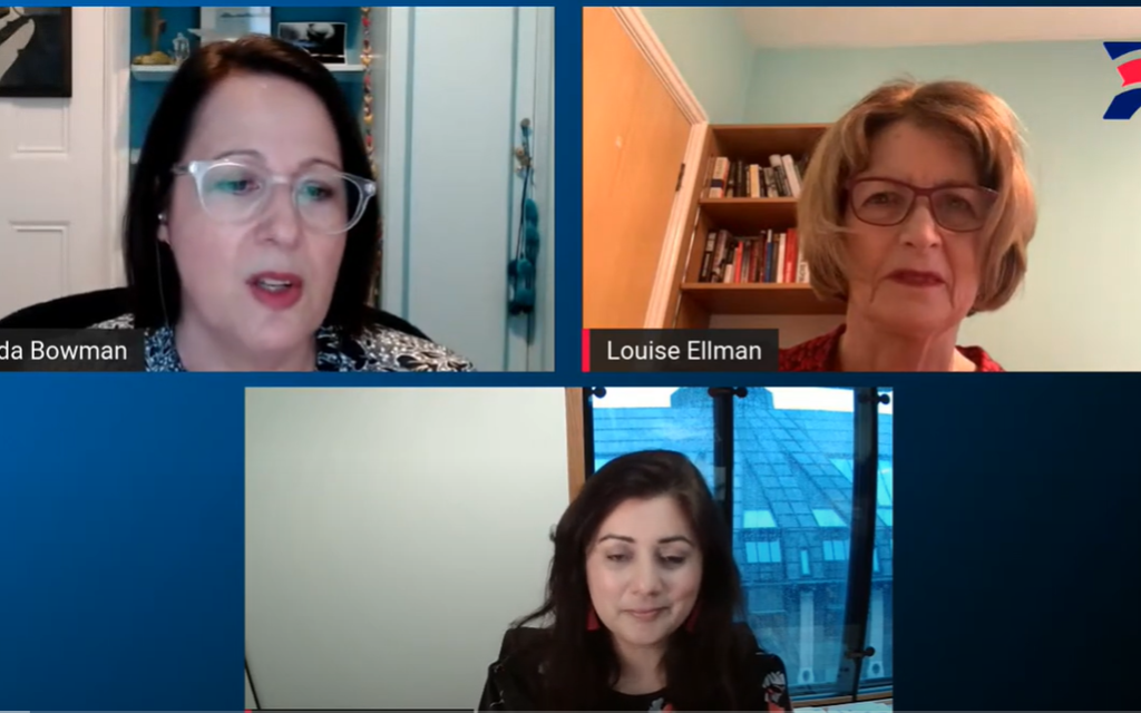 Board of Deputies Vice President Amanda Bowman (top left) interviews former MP Dame Louise Ellman (right) and MP Nusrat Ghani on 16 March, 2022.