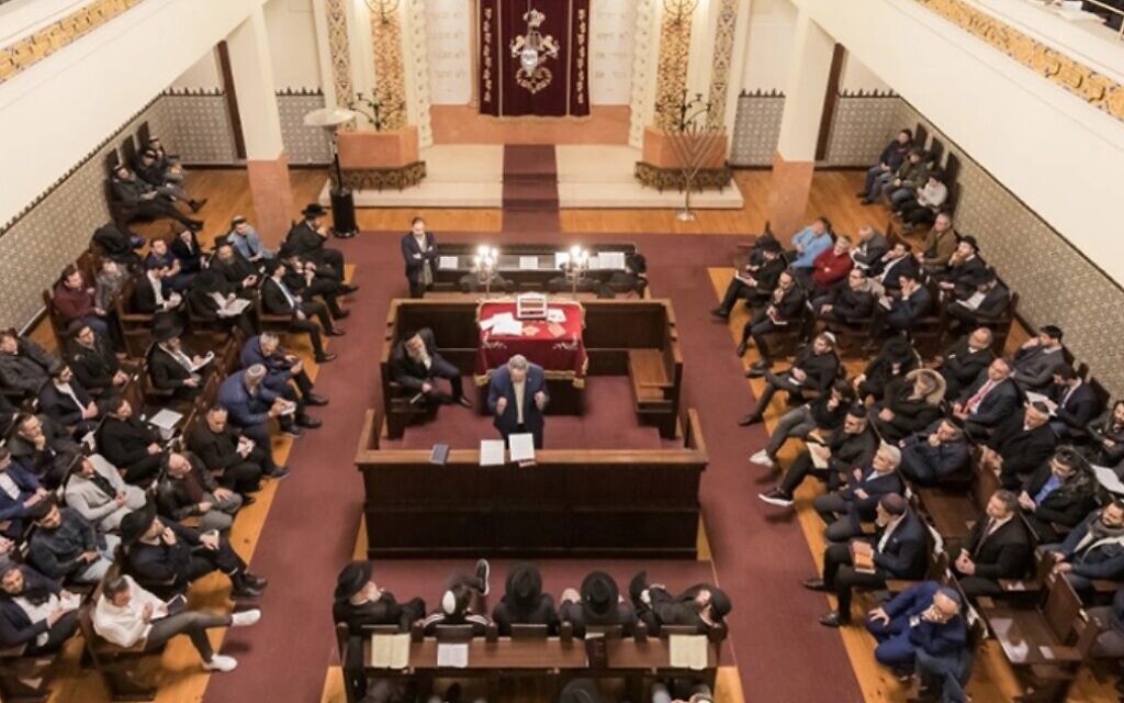 Congregants pray at the synagogue of Porto, Portugal. (Courtesy of the Jewish Community of Porto)
