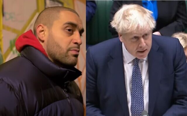 Prime Minister Boris Johnson (right) said universities have been 'tolerant of casual or indeed systematic antisemitism.' in response to a question about the NUS inviting controversial rapper Lowkey (left) to perform at a concert, 23 March, 2022.