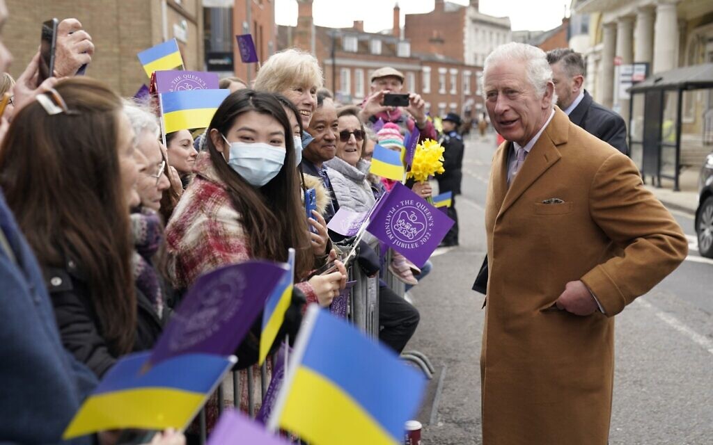Prince Charles meets members of the public as he arrives for a visit to Winchester to view the recently unveiled statue of Licoricia on March 3, 2022. (PA)