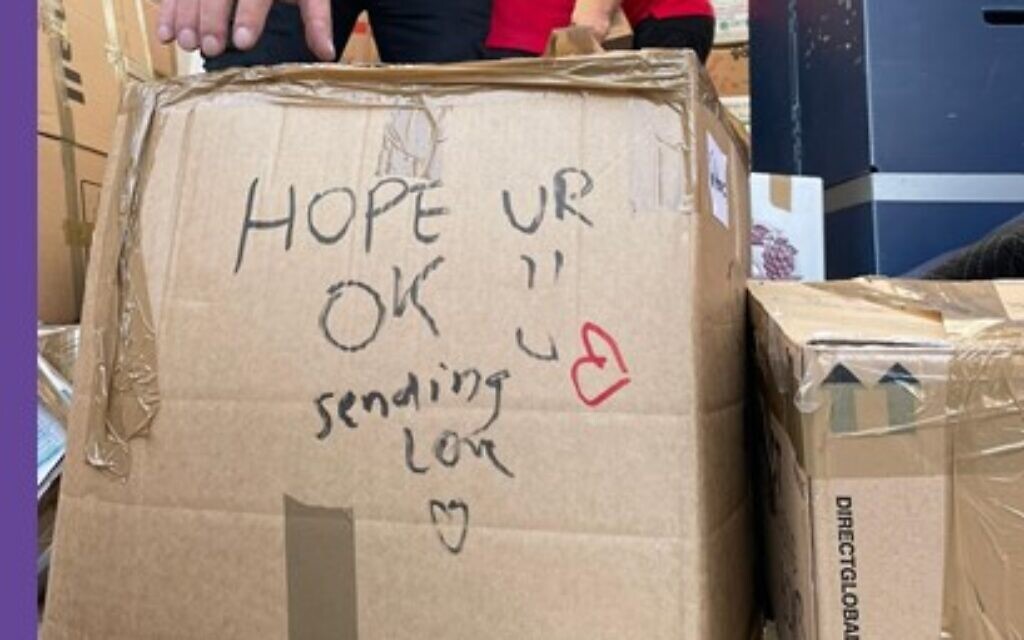 A box of goods packed to be sent to needy Jewish families in Ukraine, from a collection drive organised by GIFT, 13 March, 2022
