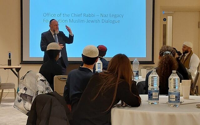 The Chief Rabbi addresses participants at an interfaith workshop, March 2022.