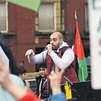 British rapper Lowkey makes a speech and sings at a ‘Free Palestine’ protest.