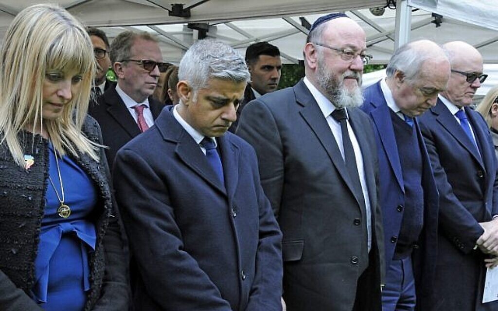 At a Yom Hashoah event alongside Sadiq Khan and Board president Marie van der Zyl. (Photo: John Rifkin via Jewish News)