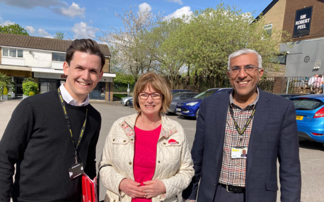 Dame Louise Ellman, (centre), campaigns at the weekend with Bury Labour councillors Nathan Boroda and Tahir Rafiq ahead of the May 5 local elections
