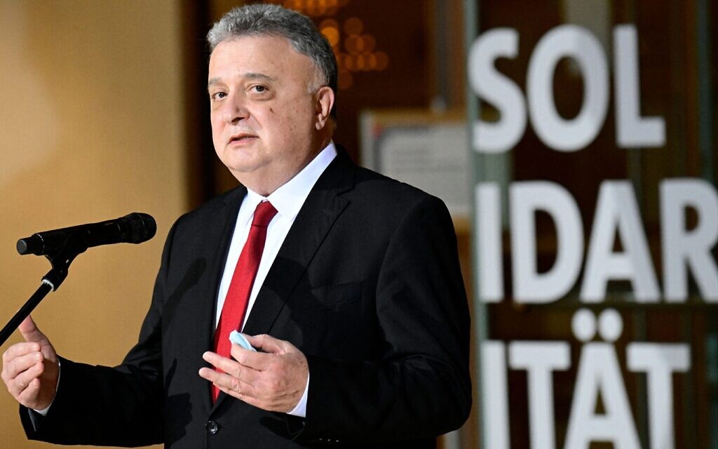 Israel's ambassador to Germany Jeremy Issacharoff addresses journalists after touring the exhibition "Auschwitz a Place on this Earth" in Berlin, Jan. 24, 2022. (Tobias Schwartz/Pool/AFP via Getty Images)