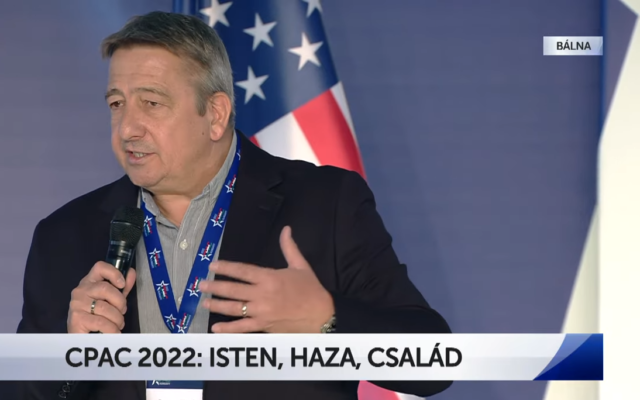 Zsolt Bayer speaks at a session of the Conservative Political Action Conference (CPAC) at the Balna cultural Centre of Budapest, Hungary on May 20, 2022. (Screenshot: YouTube)