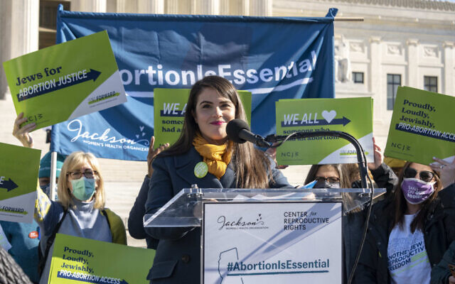 Sheila Katz, CEO of the National Council of Jewish Women, speaks at an abortion rights rally in front of the US Supreme Court in December 2021 (NCJW)