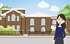 A scene from the BBC animation featuring a cartoon Ella outside her synagogue