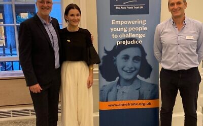 Marking 75 years since Anne Frank's diary was published (L-R): Anne Frank Trust chief executive Tim Robertson, actress Sarah Solemani, and Anne Frank Trust chair of trustees Daniel Mendoza