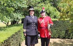 Hon Capt (RNR) Ruth Smeeth thanks a bugler from the Royal Regiment of Fusiliers for his contribution to the annual service at the AJEX Memorial, National Memorial Arboretum