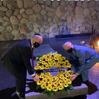 Bambos Charalambous (right) with LFI parliamentary chair Steve McCabe on visit to Yad Vashem in Jerusalem in March