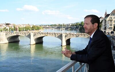 Israeli President Isaac Herzog recreates the iconic photo of Theodor Herzl in Basel to mark the 125tth anniversary of the First Zionist Congress