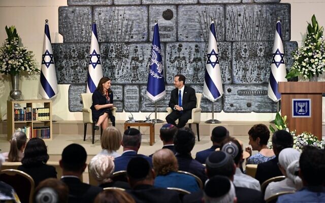 Israeli president Isaac Herzog being interviewed in Jerusalem about the legacy of the late British chief rabbi Lord Jonathan Sacks