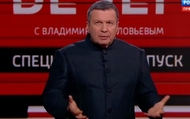 Russian talk show host Vladimir Solovyov has been naming Jews perceived to be enemies of the country (Photo: Rossiya 1)