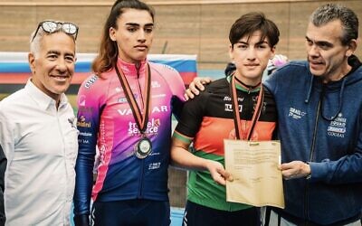 Fariba Hashimi joining an Israeli cycling team after winning a championship in Switzerland on Monday, October 24, 2022. Photo: Noa Arnon