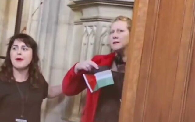 BEST QUALITY AVAILABLE Handout grab from video issued by Palestine Action of protesters from Palestine Action demonstrating in the Houses of Parliament, London. Picture date: Saturday November 12, 2022.