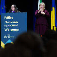 Larysa Gerasko, Ambassador of Ukraine to Ireland, speaks following Ukraine president Volodymyr Zelensky's address to Ireland's third-level sector via video link at the Helix in Dublin City University. Picture date: Friday November 18, 2022.