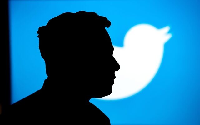 Portrait of business magnate and investor Elon Musk, Twitter logo in background