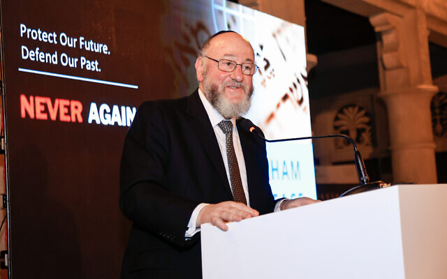 Chief Rabbi Ephraim Mirvis addressing a delegation on his first official visit to the United Arab Emirates in November 2022. Credit: Olive Media