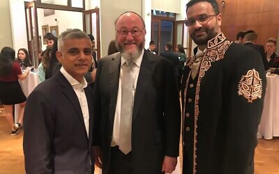 Sadiq Khan, Chief Rabbi Ephraim Mirvis and Harris Bokhari at St. John's Wood synagogue.