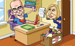 Patrick Moriarty( with assistant Lara Samuels) in Superman tee or heels for Purim videos Patrick Moriarty( with assistant Lara Samuels) in Superman tee or heels for Purim videos