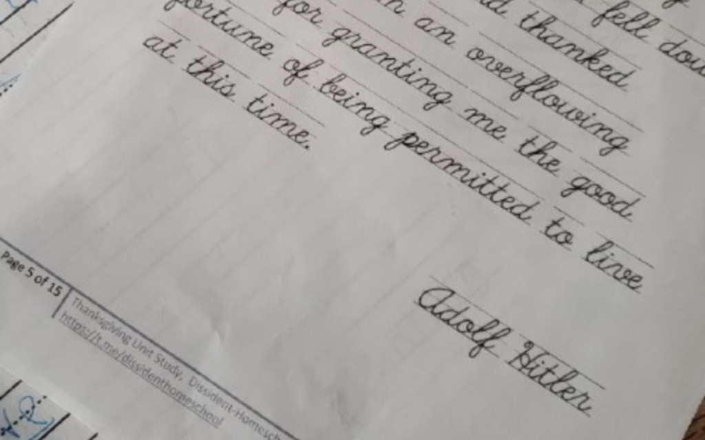 A lesson plan shared by the creator of the neo-Nazi group Dissident Homeschool Network, in which children learn cursive by copying a Hitler quote, Nov. 22, 2022. (Screenshot via Telegram)