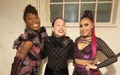 Dionne Ward-Anderson as Anne of Cleves, associate musical director Anna Senger and Koko Basigara as Katherine Howard in Six