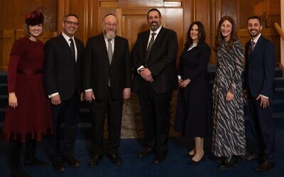 Left to right, Rochelle Freilich, Chazan Avromi Freilich, the Chief Rabbi, Rabbi Marc Levene, Rebbetzen Lisa Levene, Rebbetzen Jodie Herszaft and Rabbi Luis Herszaft. Credit: Jeremy Coleman