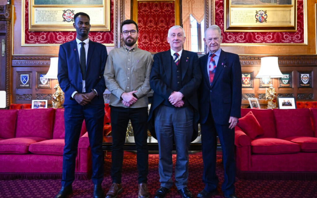 right to left: John Hadju who survived the Holocaust, Speaker Sir Lindsay Hoyle, El Sadiq 'Debay' Mahmoud Manees survived the Darfur genocide, Smajo Bešo OBE survived the Bosnian genocide 
photo ©UK Parliament/Jessica Taylor