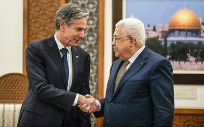 Palestinian President Mahmoud Abbas (R) meets with US Secretary of State Antony Blinken in Ramallah in the occupied West Bank, on January 31, 2023. Photo by Palestinian President Press Office/UPI. Credit: UPI/Alamy Live News