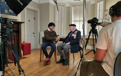 Cadet-Edgar-Santos-interviews-D-Day-veteran-Mervyn-Kersh-behind-the-scenes-filming. Credit: AJEX