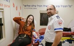 Brits donating blood at the Peres Center in Yaffo. Credit: Magen David Adom UK