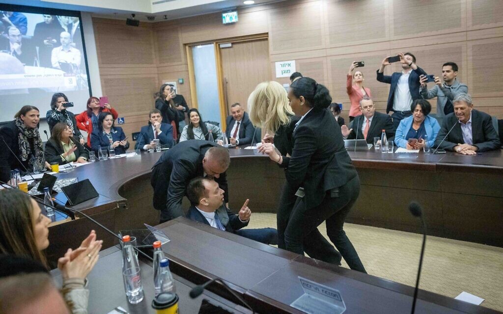 Scenes of chaos during a Constitution Committee meeting at the Knesset, the Israeli Parliament in Jerusalem, on February 13, 2023. Photo by Yonatan Sindel/Flash90