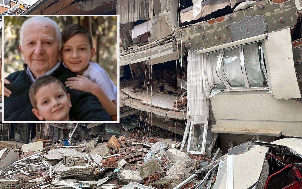Saul Cenudioglu, pictured here with his grandchildren, was found dead with his wife in the ruins of their home city of Antakya in Haray province. (Family photo courtesy of Ela Cenudioglu; Haray: Firat Ozdemir/Anadolu Agency via Getty Images)